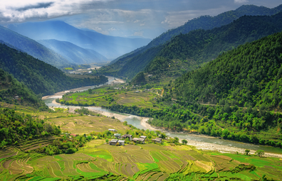 Lush mountains and rice paddies of Bhutan