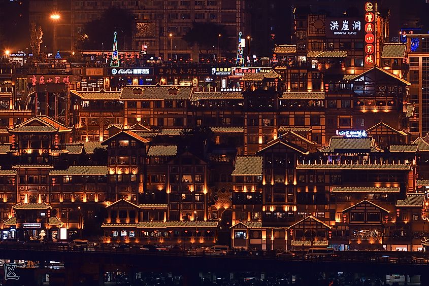 Hongyadong shopping complex at night in Chongqing. Image credit: Songquan Deng/Shutterstock.com