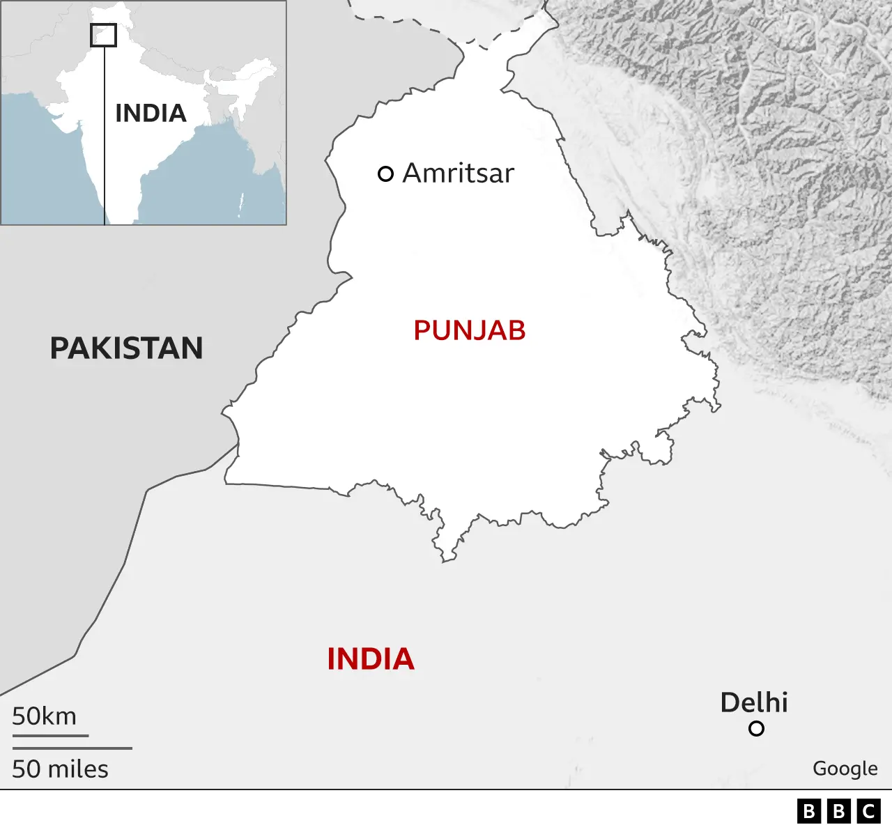 Map showing Amritsar and Punjab