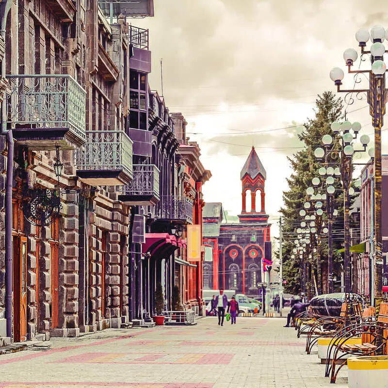 Beautiful Street Lined With Historical Buildings And Old Street Lamps In An Unspecified City In Armenia, Caucasus Region