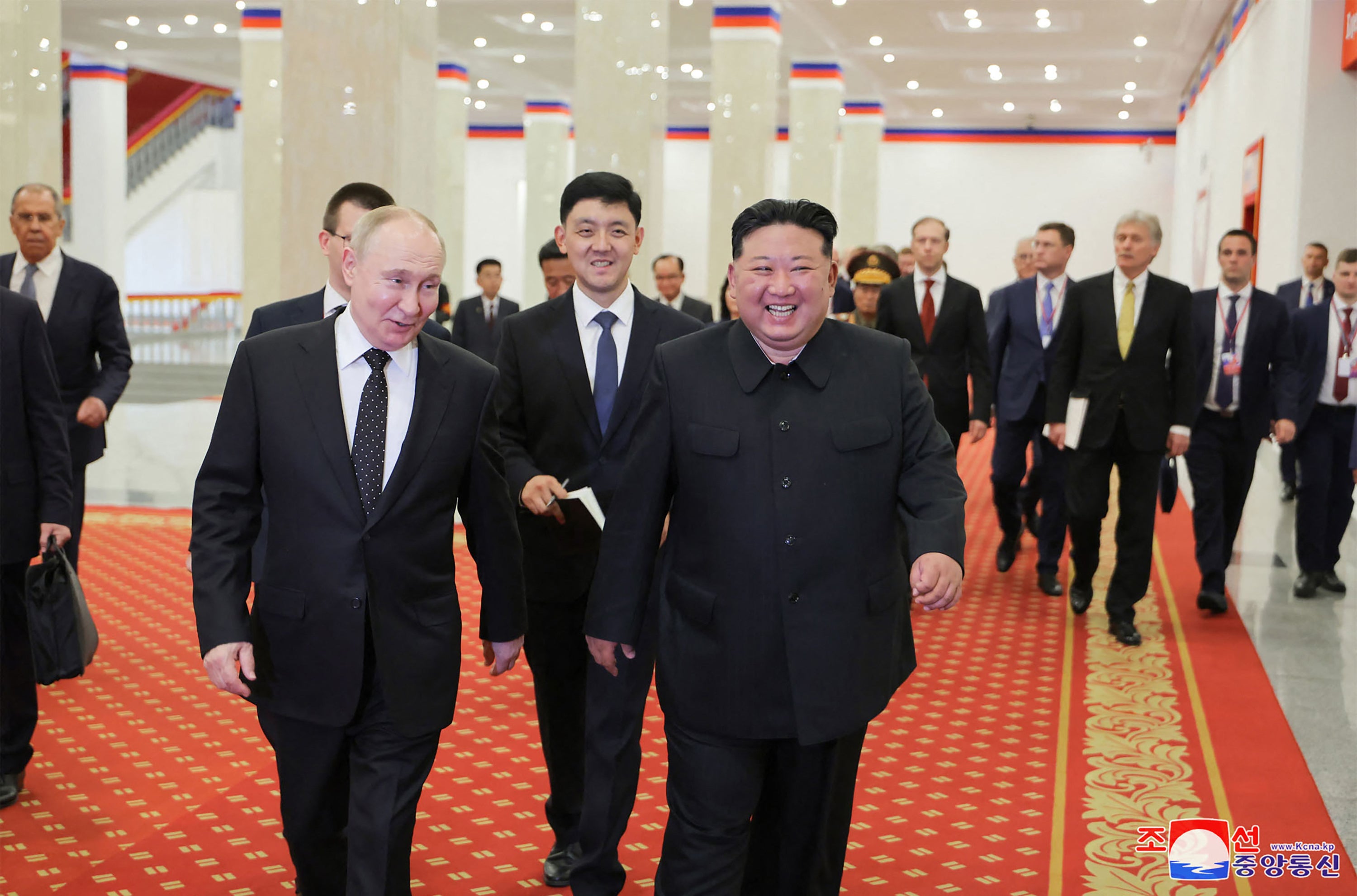 North Korea’s leader Kim Jong-un and Russia’s president Vladimir Putin speaking after watching the welcome performance at the Pyongyang Gymnasium in Pyongyang.