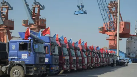 AFP In this photograph taken on November 13, 2016, trucks are seen parked at the Gwadar port, some 700 kms west of Karachi, during the opening ceremony of a pilot trade programme between Pakistan and China.