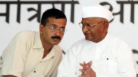 Getty Images Social activist Anna Hazare with Arvind Kejriwal during the hunger strike to protest for Lokpal Bill at the Jantar Mantar on July 25, 2012 in New Delhi, India