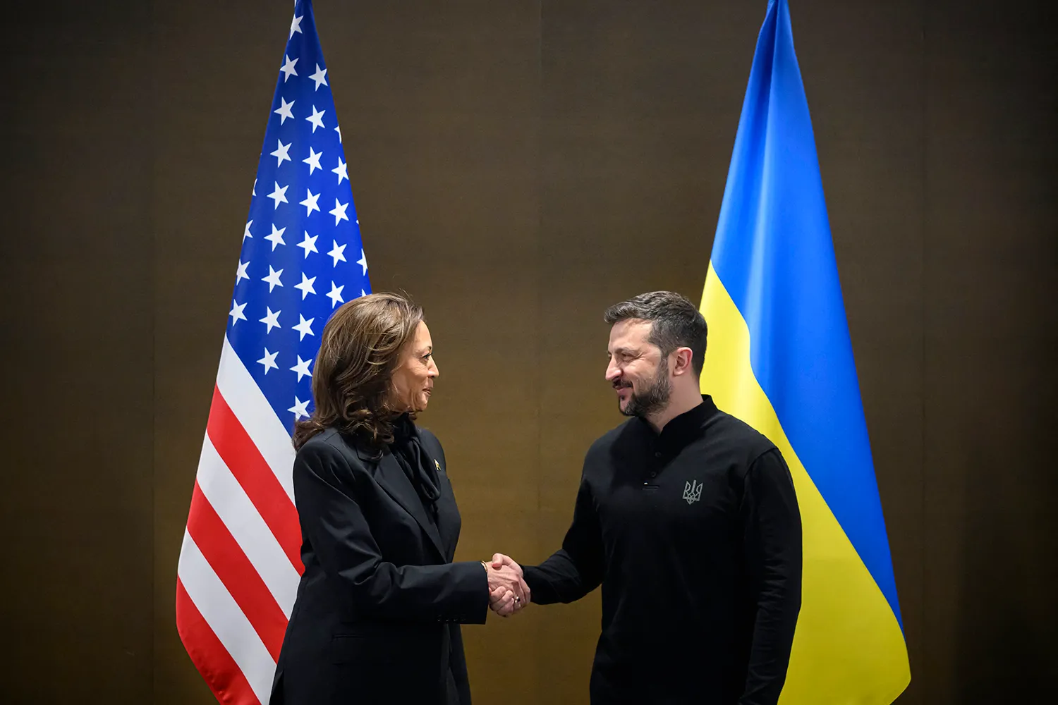 Harris and Zelensky smile as they shake hands in front of flags of their countries on stands behind them.