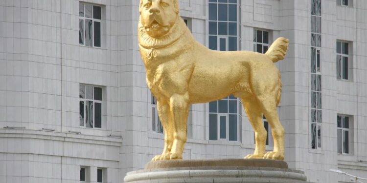 Turkmenistan’s authoritarian leader unveils huge golden dog statue in the capital