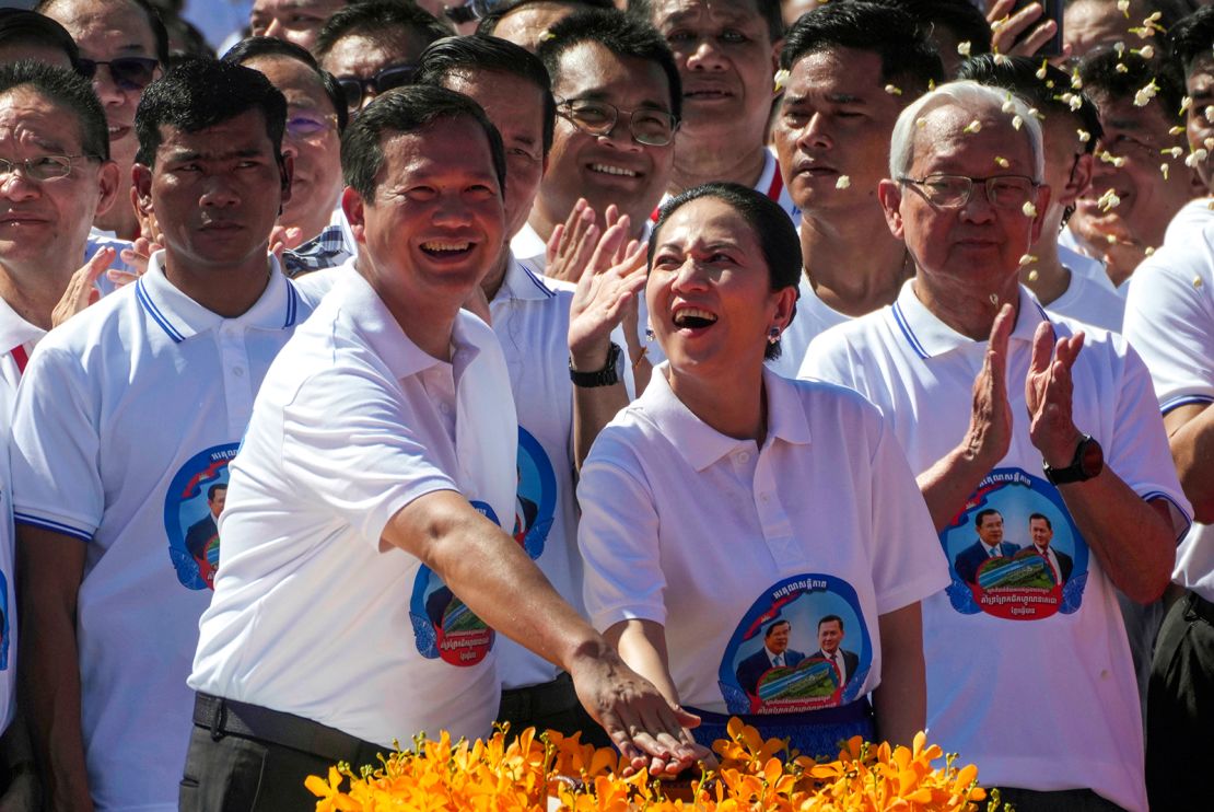 Cambodian Prime Minister Hun Manet accompanied by his wife, Pich Chanmony, attend the groundbreaking ceremony of the China-funded Funan Techo canal on August 5, 2024.