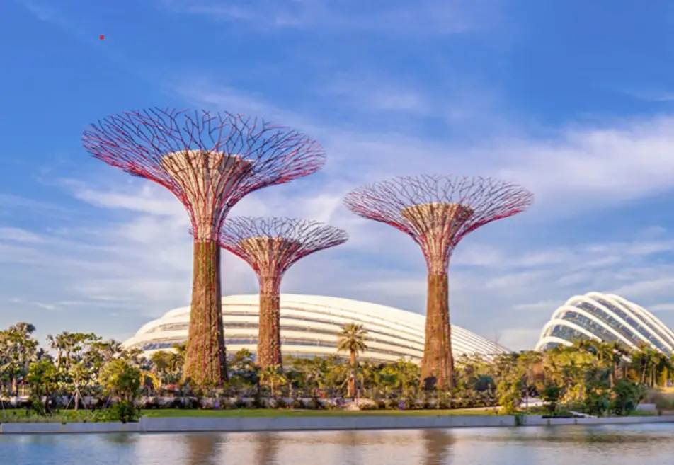 Supertrees at Gardens by the Bay in Singapore, standing tall against a blue sky with the futuristic glass domes of the Flower Dome and Cloud Forest in the background.