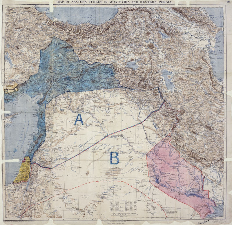 MPK1-426_Sykes_Picot_Agreement_Map_signed_8_May_1916-800 Image: By Royal Geographical Society (Map), Mark Sykes & François Georges-Picot (Annotations) - This file is from the collections of The National Archives (United Kingdom), catalogued under document record MPK1/426. For high quality reproductions of any item from The National Archives collection please contact the image library., Public Domain, https://commons.wikimedia.org/w/index.php?curid=16960916