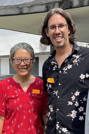 Dale Taylor visits with Dr. Ann Wang Pierce, director of China and operational projects for Agape Asia, outside the meeting place of the Seremban Church of Christ in Malaysia.