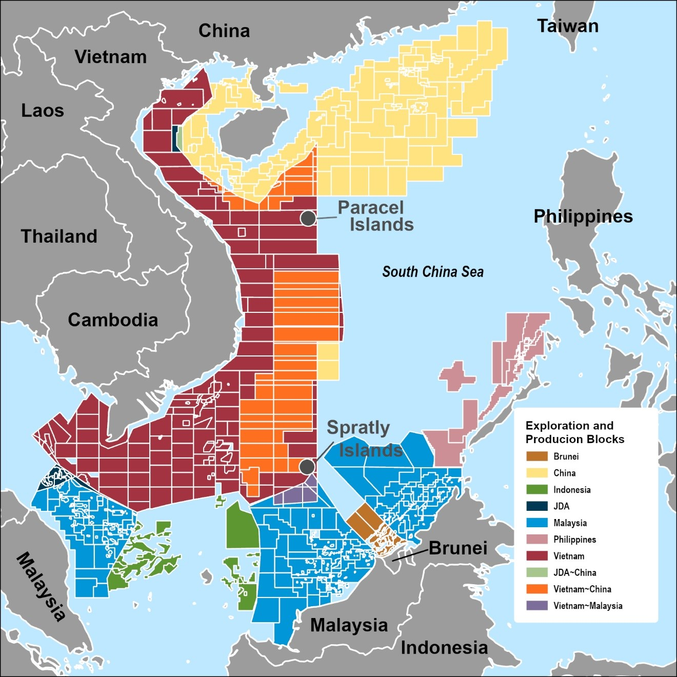 Map shows exploration and development blocks in the South China Sea by different countries. Hainan province is seen here as the large island off China surrounded by its yellow blocks