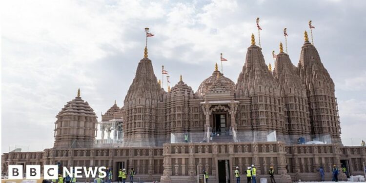 Construction workers at the site of the BAPS Hindu Mandir temple in Abu Dhabi, United Arab Emirates, on Wednesday, Jan. 31, 2024