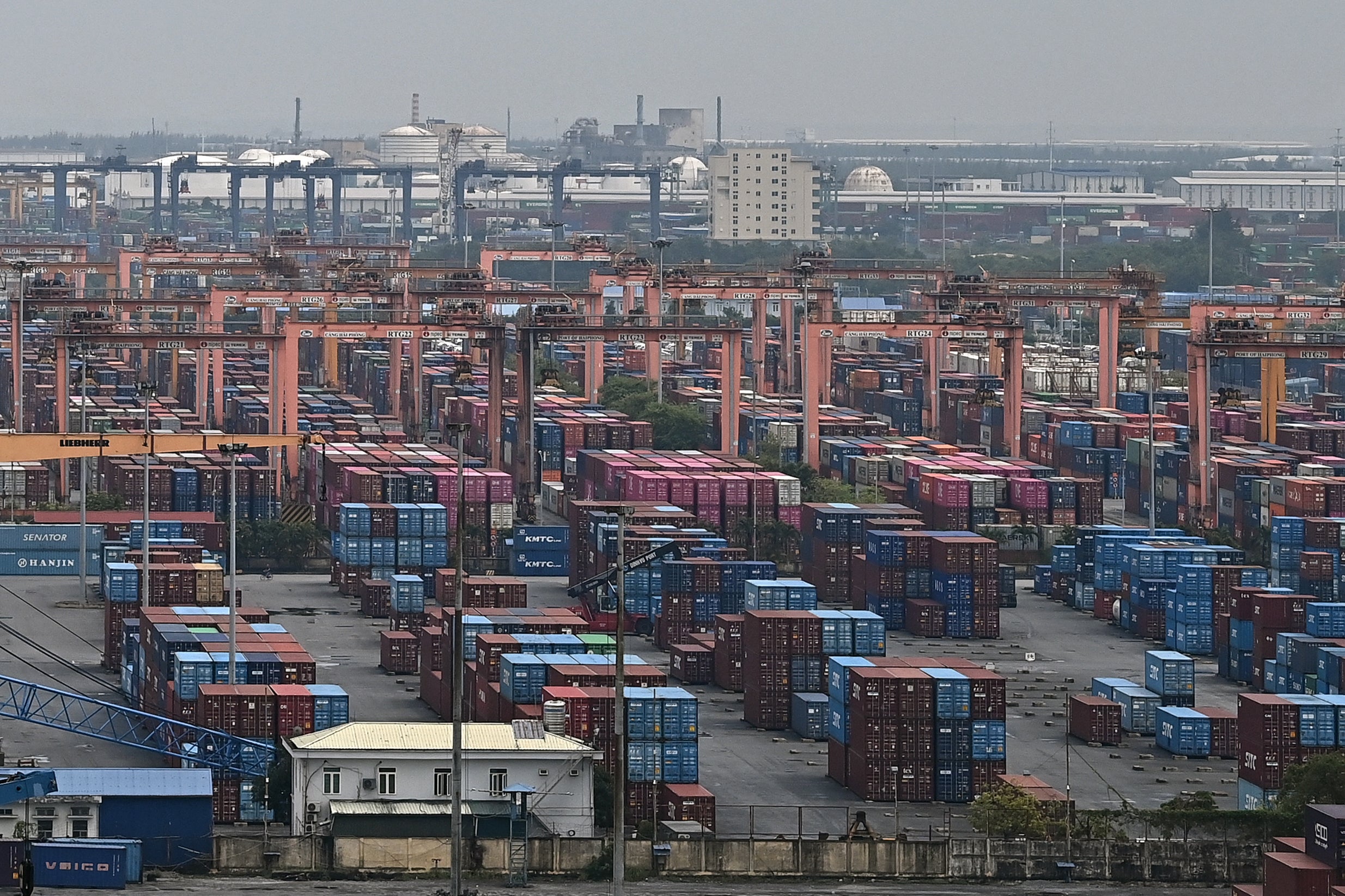 Containers at the closed Dinh Vu port ahead of approaching Typhoon Yagi in Hai Phong