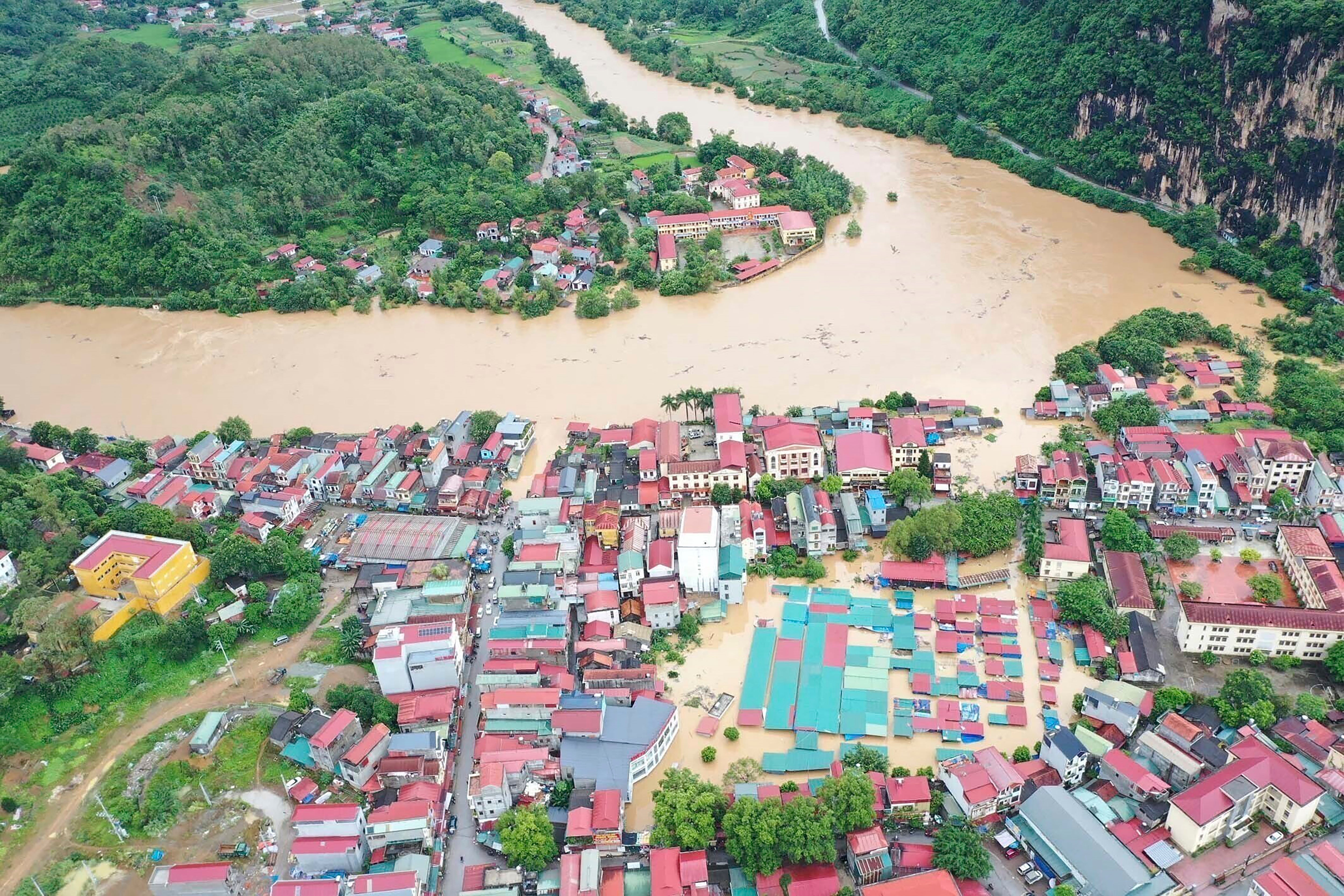 Flood triggered by Typhoon Yagi submerges houses in Lang Son province, Vietnam on Monday