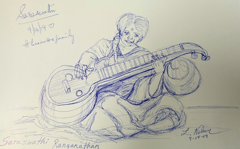 a sketch of a seated woman playing a veena, apparently in blue ink pen on white paper