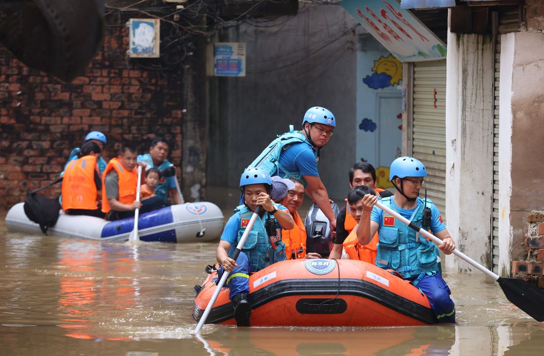 Emergency crews evacuate villages in rubber boats as floodwaters along the Yongjiang River surged in Nanning, Guangxi Zhuang Autonomous Region of China.