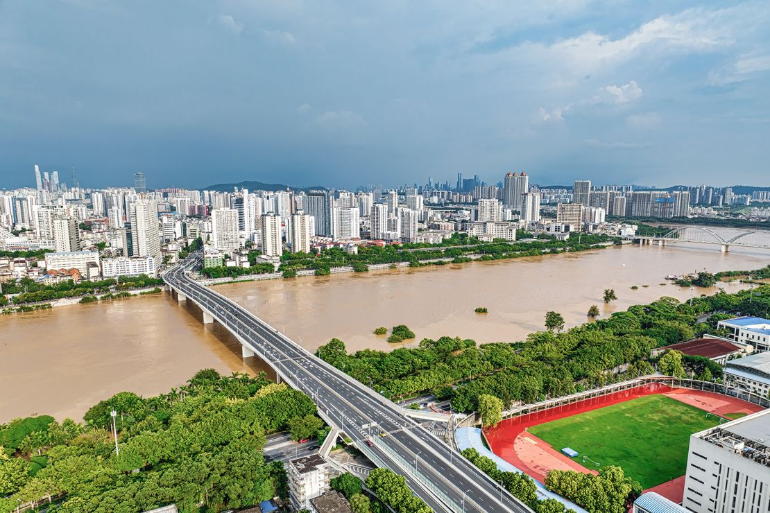 The Yongjiang River swells following heavy rainfall from Typhoon Yagi in Nanning, Guangxi Zhuang Autonomous Region of China on September 12, 2024