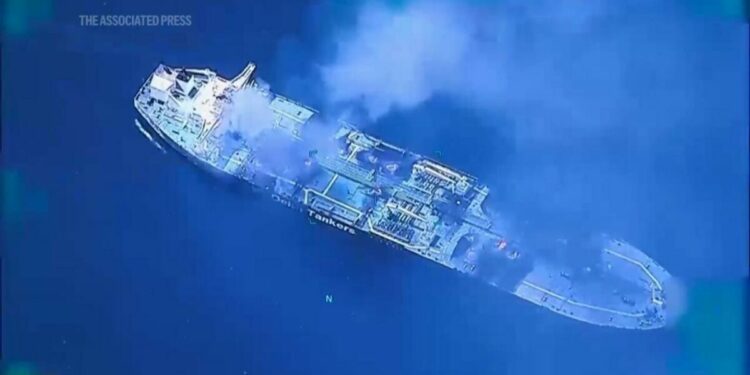 US drone footage shows tanker burning in Red Sea after Yemen rebel attack